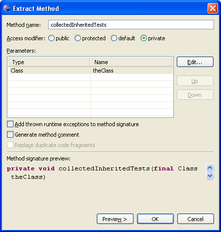 Extract method wizard data input page