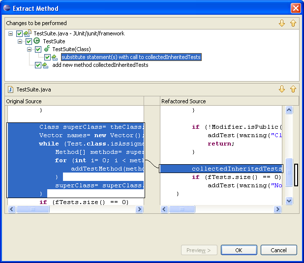 Extract method preview page