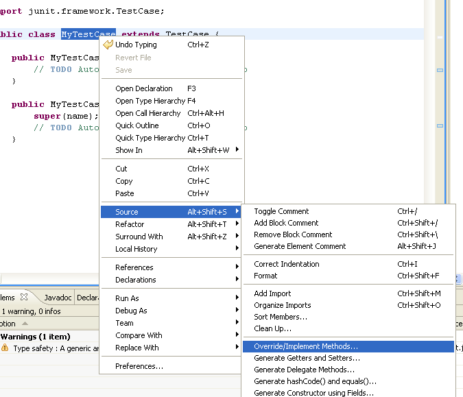 Context menu of a type