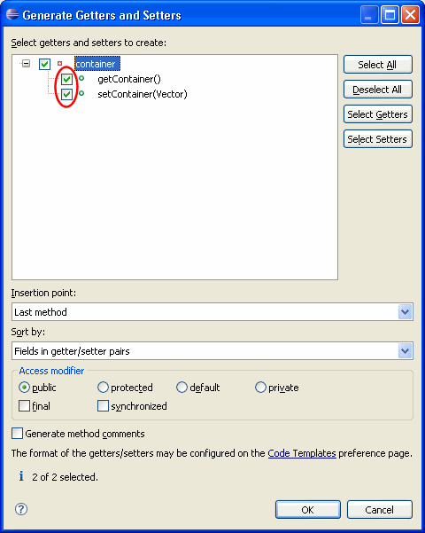 Generate Getter and Setter dialog