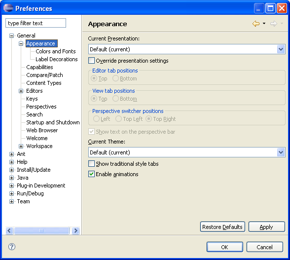 Appearance Preference Page
