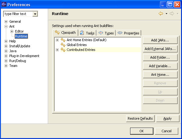 Ant classpath preference page
